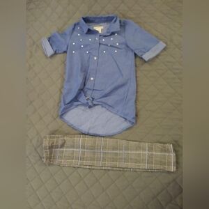 Blue Button-Up Shirt with Plaid Leggings